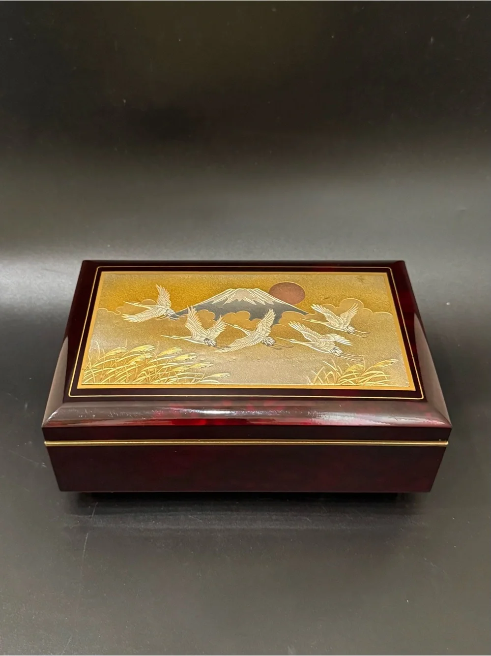 Vintage Japanese Lacquer Chokin Landscape Mt Fuji Flying Cranes Music Box Sakura